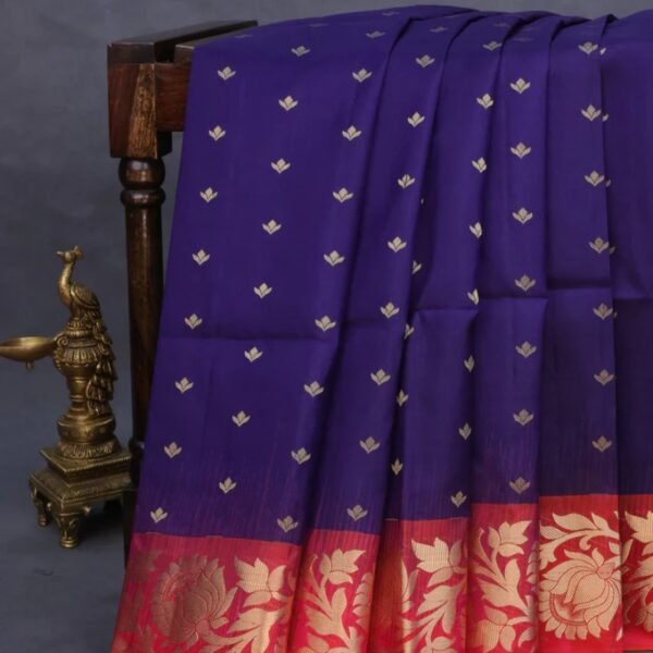 Pure soft silk saree blue and dual shade of pinkish orange with allover zari woven buttas and floral zari woven border