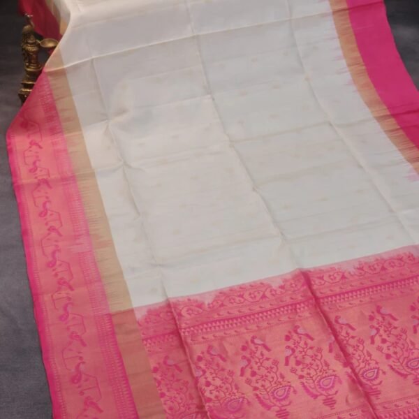 Pure soft silk saree cream and pink with allover zari woven buttas and zari woven border - Image 2