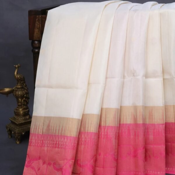 Pure soft silk saree cream and pink with allover zari woven buttas and zari woven border