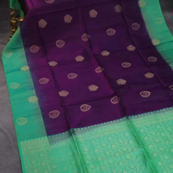 Pure soft silk saree deep purple and light green with zari woven buttas and zari woven butta border - Image 2