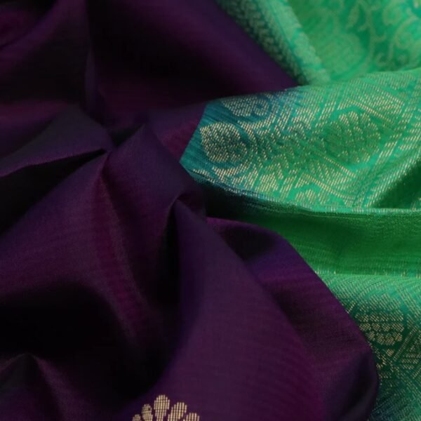 Pure soft silk saree deep purple and light green with zari woven buttas and zari woven butta border - Image 3