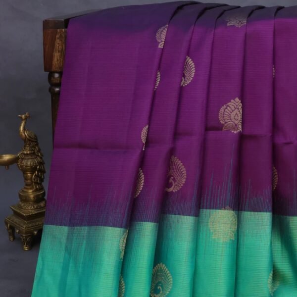 Pure soft silk saree deep purple and light green with zari woven buttas and zari woven butta border