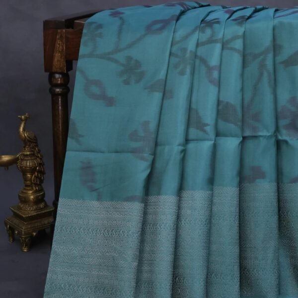 Pure soft silk saree green shade with allover ikat weaves and silver zari woven border