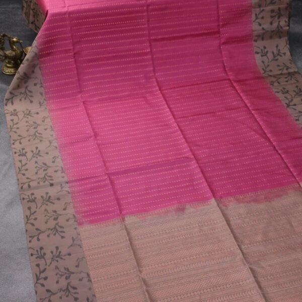 Pure soft silk saree pink shade and brown shade with allover copper zari woven butta wevaes and ikat style border - Image 2
