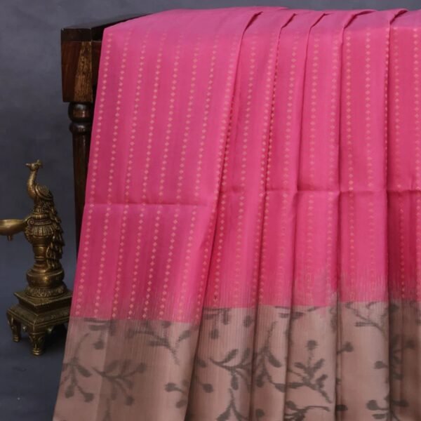 Pure soft silk saree pink shade and brown shade with allover copper zari woven butta wevaes and ikat style border