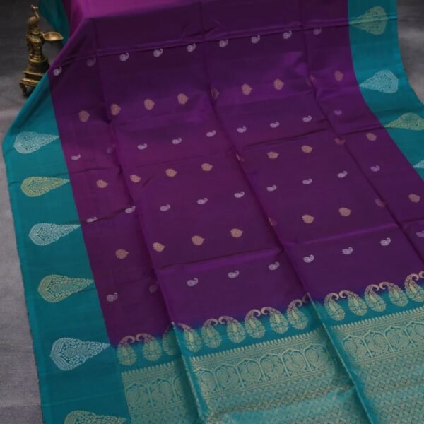 Pure soft silk saree purple and teal green with allover silver & zari woven buttas and zari woven butta border - Image 2