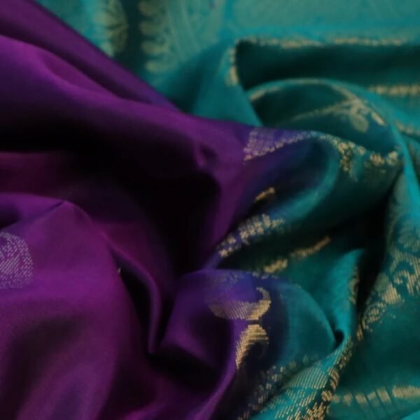 Pure soft silk saree purple and teal green with allover silver & zari woven buttas and zari woven butta border - Image 3