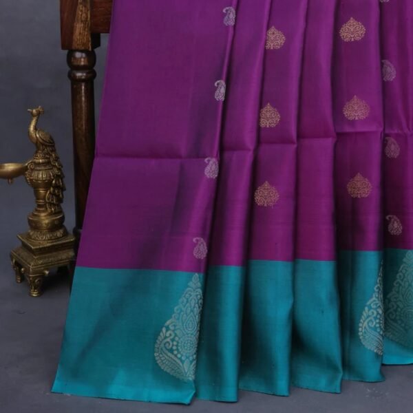 Pure soft silk saree purple and teal green with allover silver & zari woven buttas and zari woven butta border