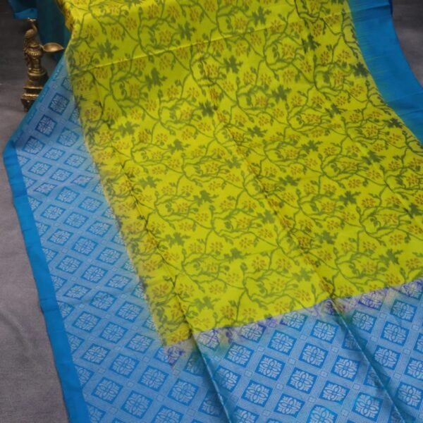Pure soft silk saree teal blue with allover ikat weaves and temple deisgn zari woven border - Image 2