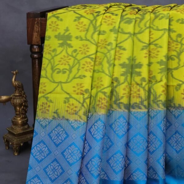 Pure soft silk saree teal blue with allover ikat weaves and temple deisgn zari woven border