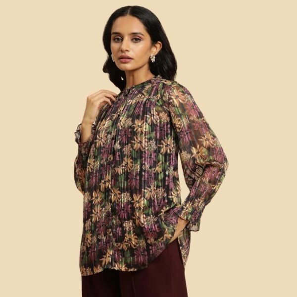 Purple Floral Printed Chiffon Lurex Top - Image 2
