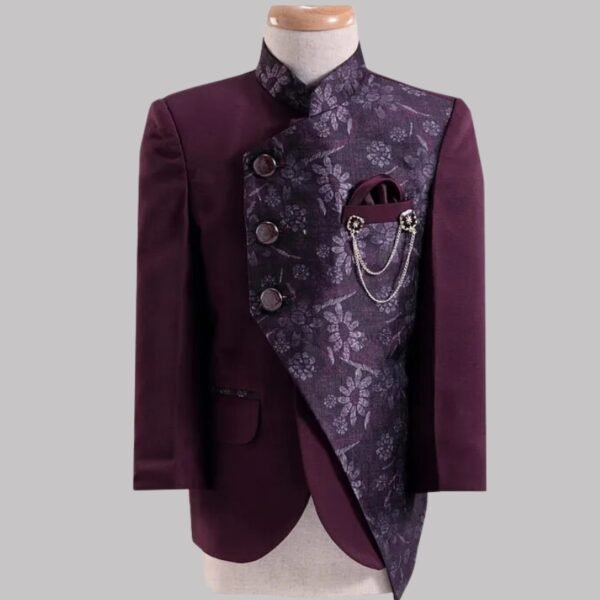 Robo Fry Knit Full Sleeves Jodhpuri Coat & Trouser Set With Floral Print - Maroon