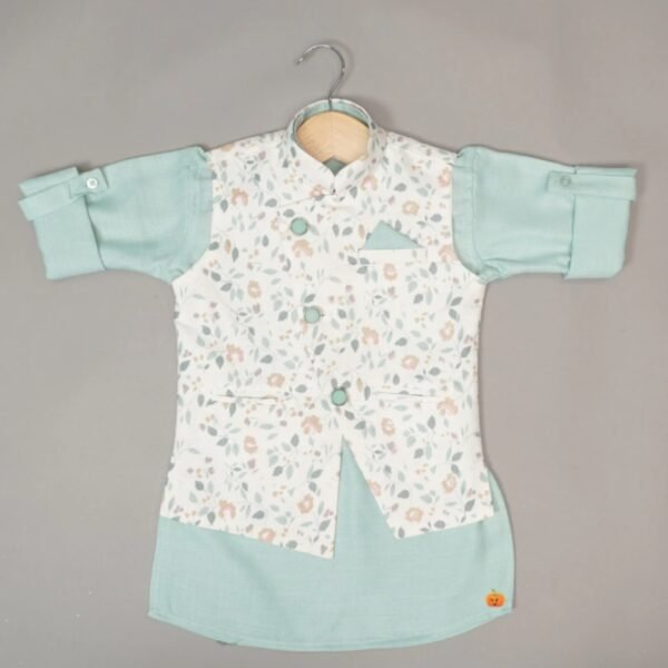 Sea Green Boys Kurta Pajama with Jacket - Image 3