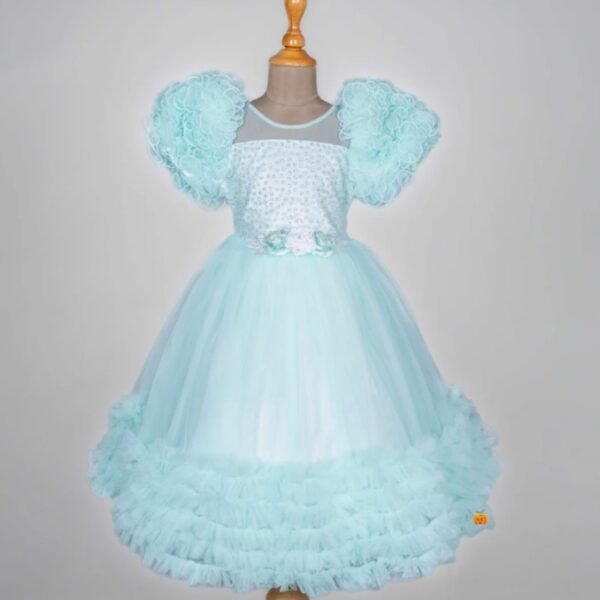 Sea Green & Pink Net Frill Girls Gown