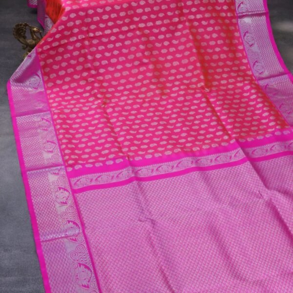 Venkatagiri silk saree dual shade of pinkish orange and pink with allover silver zari woven butta weaves and silver zari woven border - Image 2