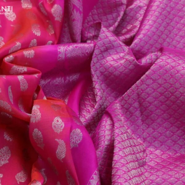 Venkatagiri silk saree dual shade of pinkish orange and pink with allover silver zari woven butta weaves and silver zari woven border - Image 3