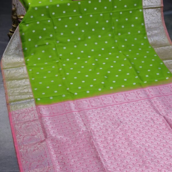 Venkatagiri silk saree light green and peach pink with silver zari woven geometric buttas and rich silver zari woven border - Image 2