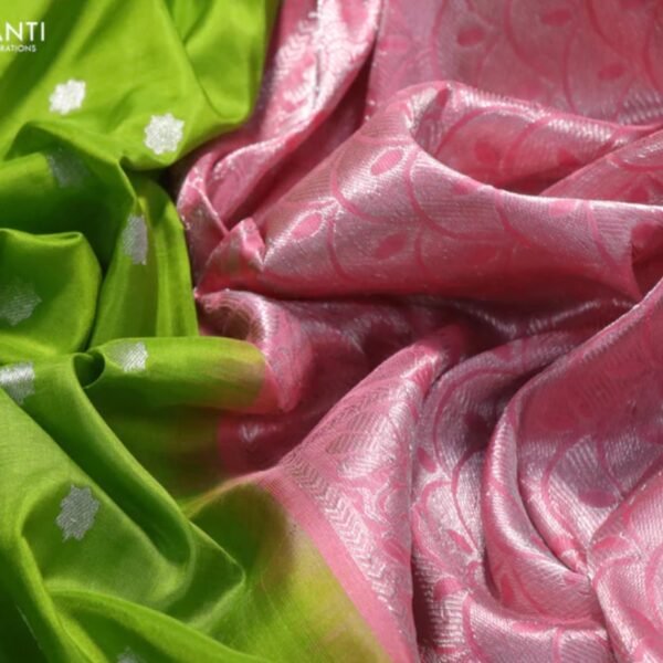 Venkatagiri silk saree light green and peach pink with silver zari woven geometric buttas and rich silver zari woven border - Image 3
