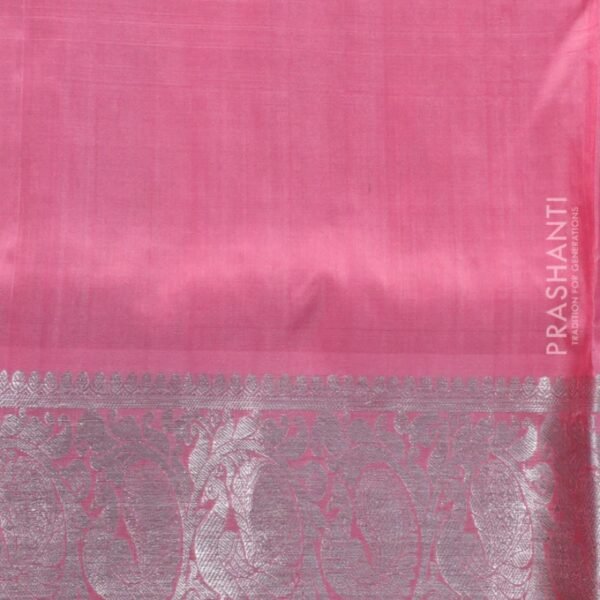 Venkatagiri silk saree light green and peach pink with silver zari woven geometric buttas and rich silver zari woven border - Image 4