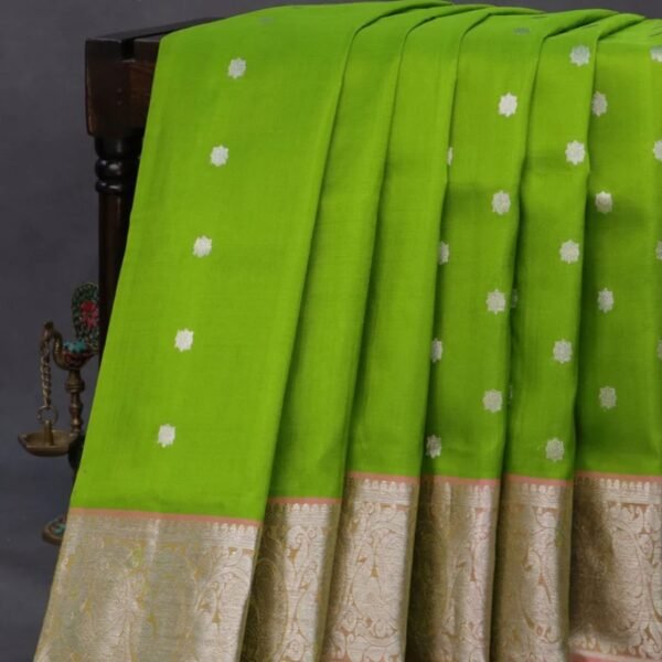 Venkatagiri silk saree light green and peach pink with silver zari woven geometric buttas and rich silver zari woven border