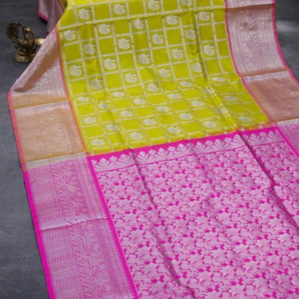 Venkatagiri silk saree lime yellow and pink with allover silver zari checks & buttas and long silver zari woven border - Image 2