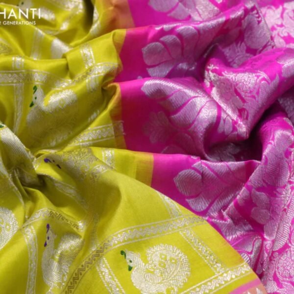 Venkatagiri silk saree lime yellow and pink with allover silver zari checks & buttas and long silver zari woven border - Image 3