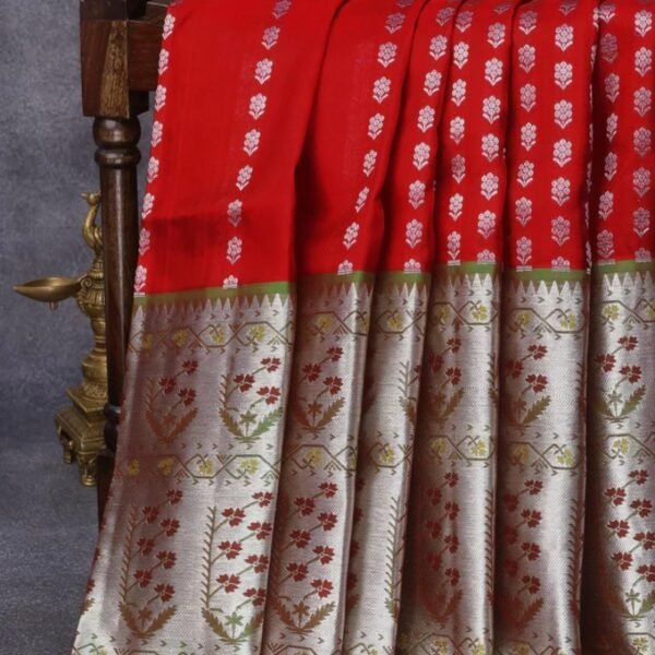 Venkatagiri silk saree red and green with allover silver zari woven floral buttas and long silver zari woven floral paithani border