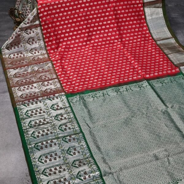 Venkatagiri silk saree red and green with allover silver zari woven floral buttas and long silver zari woven floral paithani border - Image 2