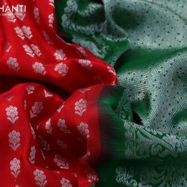 Venkatagiri silk saree red and green with allover silver zari woven floral buttas and long silver zari woven floral paithani border - Image 3