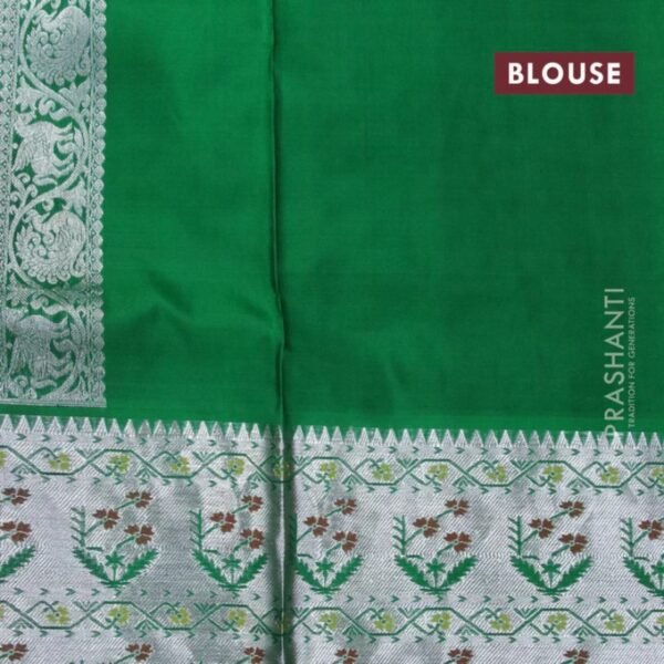 Venkatagiri silk saree red and green with allover silver zari woven floral buttas and long silver zari woven floral paithani border - Image 4