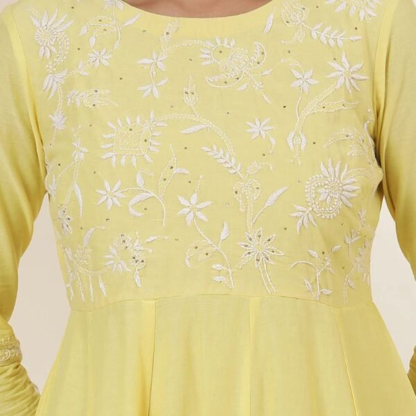 Yellow Chikankari Anarkali Kurta In Cotton Voile - Image 3