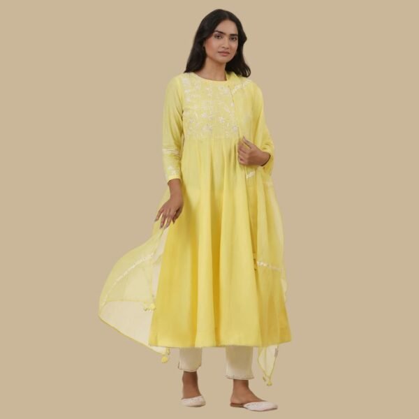 Yellow Chikankari Anarkali Kurta In Cotton Voile